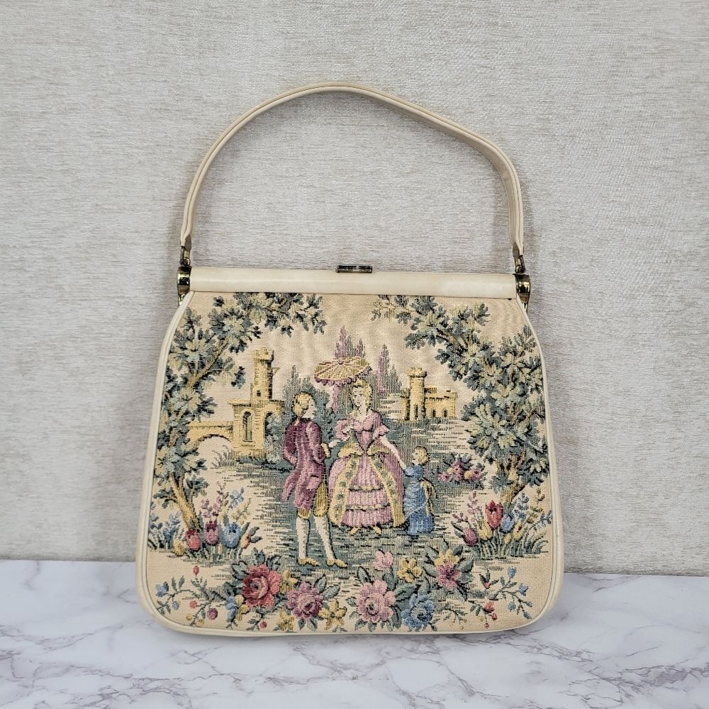 Vintage 60s Cream Tapestry Handbag Hinged Floral
